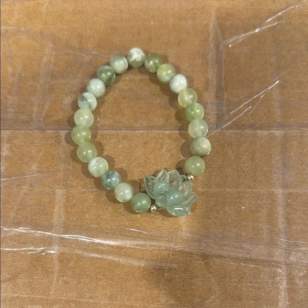 Green Beaded Bracelet with Jade Lotus Charm